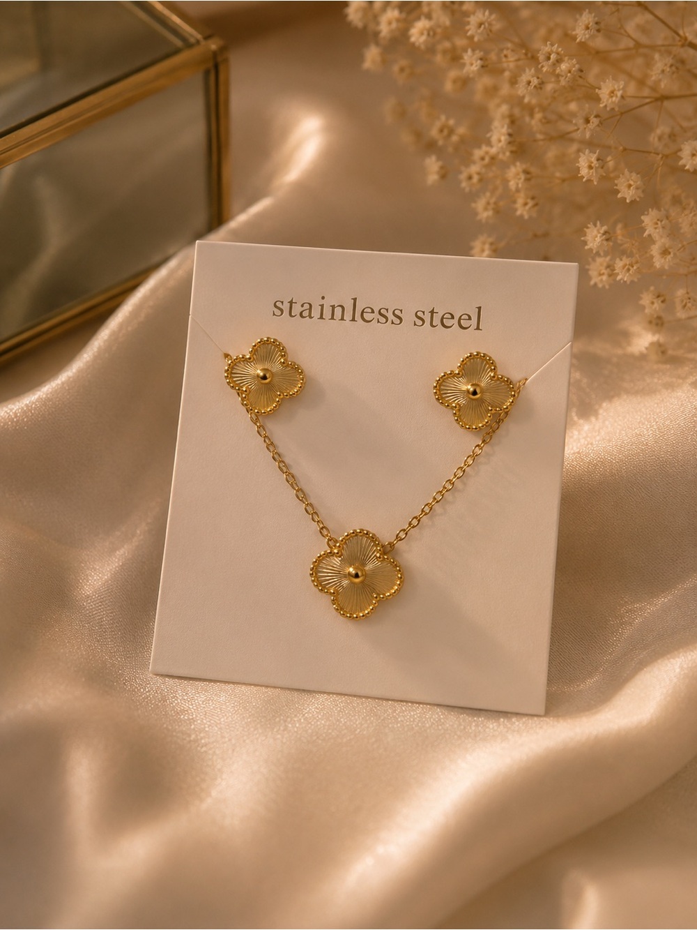 Gold Flower Stainless Steel Necklace and Earring Set